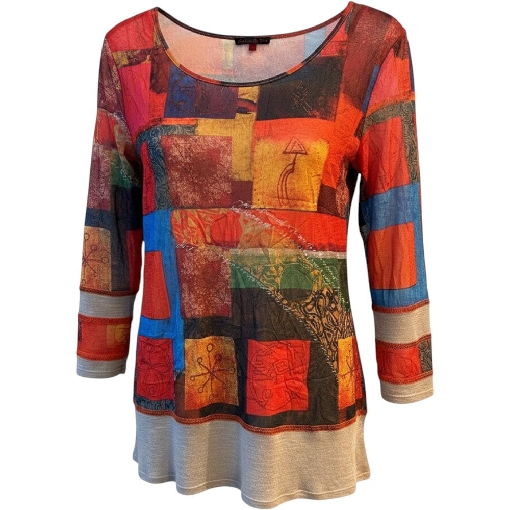 Aventures des Toiles Mesh Top Women 40 Art to Wear Phoebe Buffay Multi Patchwork